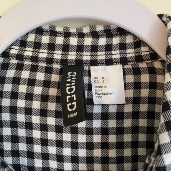 Divided H&M Black & White Gingham Button-Up Blouse Size 6 100% Cotton Long Sleev - Picture 4 of 9